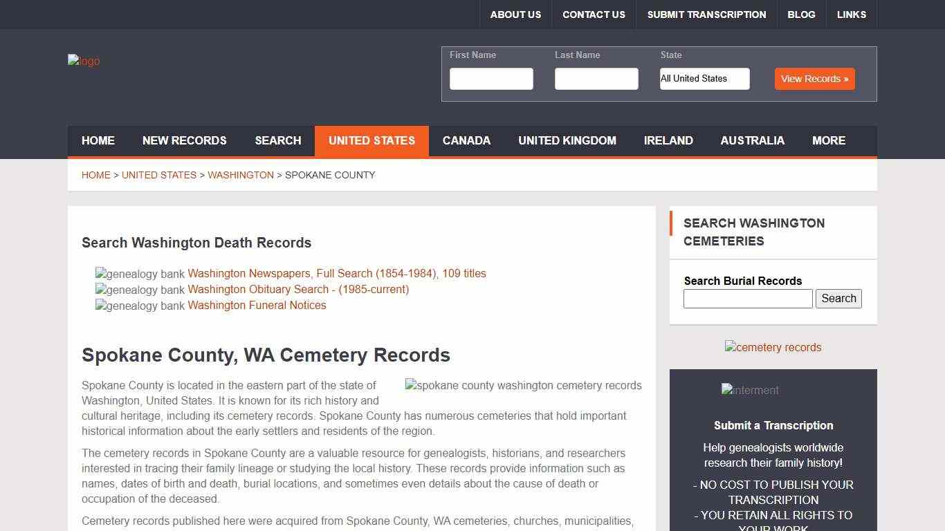 Spokane County Cemetery Records, Washington Genealogy