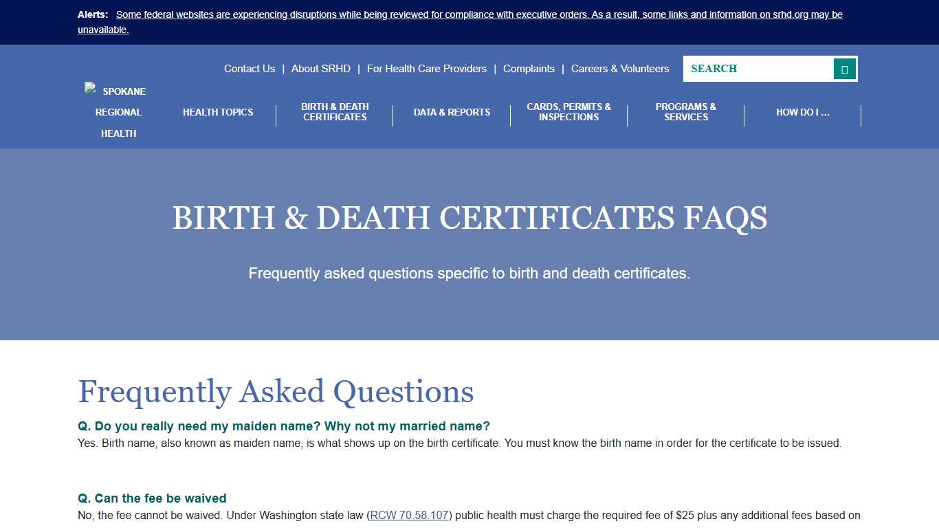 Birth & Death Certificates FAQs Spokane Regional Health District